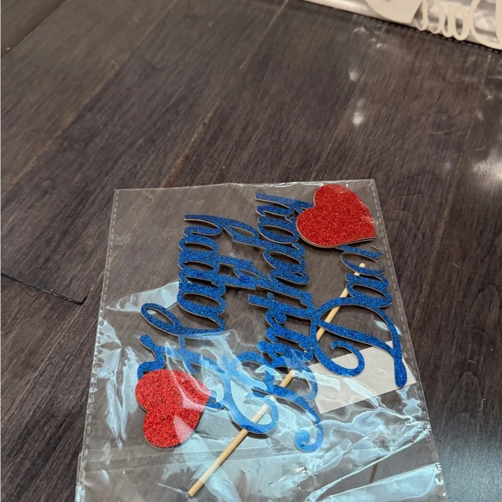 NWT Blue and Red Happy Birthday Dad Sparkly Heart Cake Topper